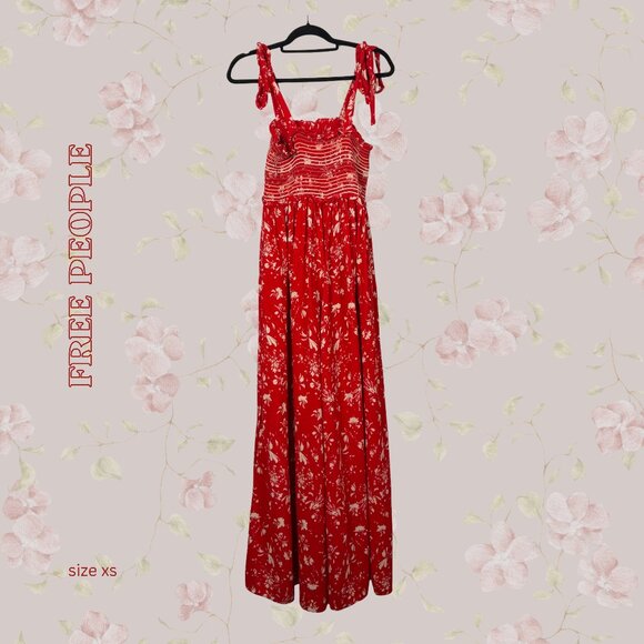 Free People Pants - Free People | Red Floral Wide Legged Maxi Jumpsuit w/Pockets | Size XS